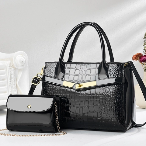 Women Handbag And Small Chain Bag PU Leather Crocodile Pattern Glossy Large Capacity Business Commute Elegant Top Handle Fashionable