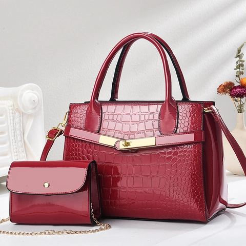 Women Handbag And Small Chain Bag PU Leather Crocodile Pattern Glossy Large Capacity Business Commute Elegant Top Handle Fashionable