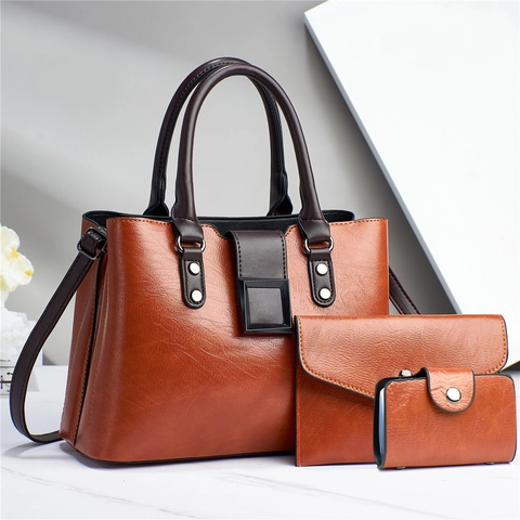 Women Tote Bag Clutch And Card Holder Textured PU Leather Large Capacity Square Buckle Retro Elegant Commuter Handbag