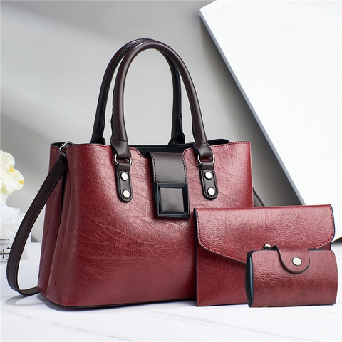 Women Tote Bag Clutch And Card Holder Textured PU Leather Large Capacity Square Buckle Retro Elegant Commuter Handbag