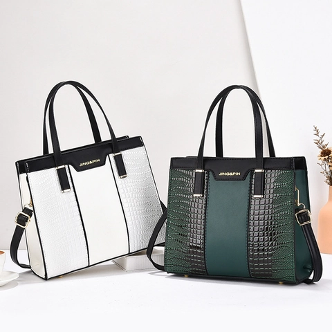 Bolso De Mano Y Cartera Para Mujer Cuero PU Patrón Cocodrilo Bolso De Hombro Cruzado Color Contrastante Elegante