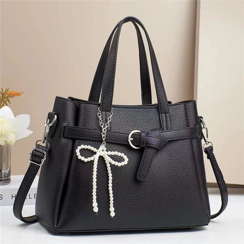 Borsa Da Donna Motivo Litchi Pelle PU Borsa A Tracolla Con Ciondolo A Fiocco Di Künstliche Perle Elegante Borsa Tote Alla Moda Con Manico