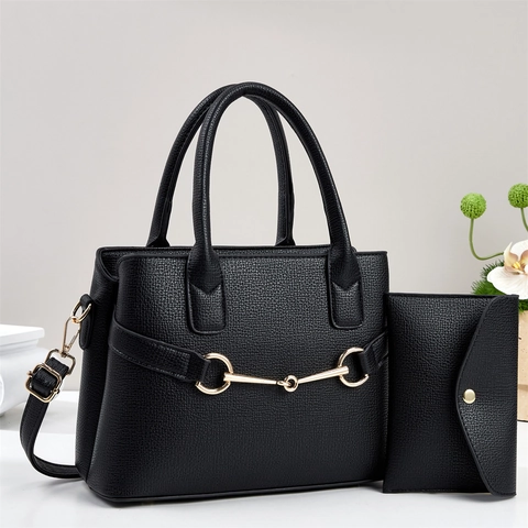 Litchi Pattern PU Leather Handbag And Wallet For Women Fashion Horsebit Decor Shoulder Crossbody Bag Large Capacity