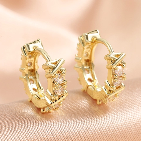 Geometric Copper Hoop Earrings With Zirconia For Women X Cross Design Minimalist Stylish Vintage Fashion Jewelry