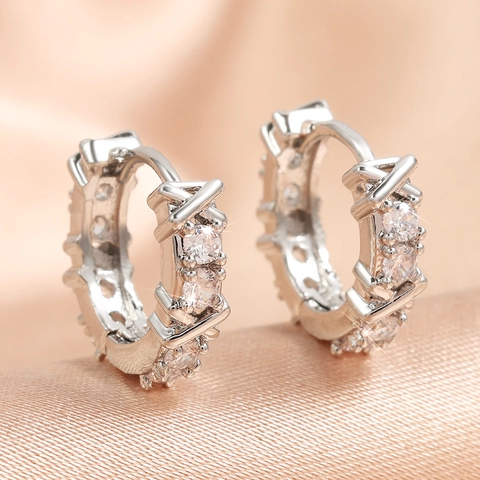 Geometric Copper Hoop Earrings With Zirconia For Women X Cross Design Minimalist Stylish Vintage Fashion Jewelry