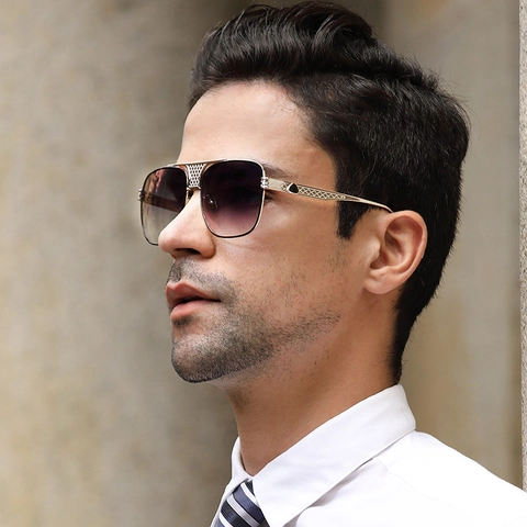 Fashion Square Sunglasses For Men Metal Frame With PC Gradient Lenses UV400 Protection Classic Pilot Style Outdoor Eyewear