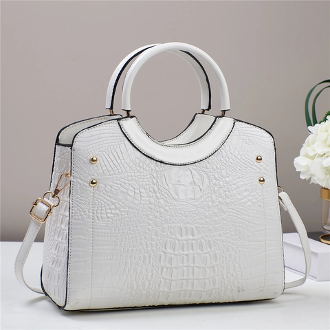 Elegant Women Handbag PU Leather Crocodile Pattern Embossed Large Capacity Satchel Crossbody Shoulder Bag Golden Rivets