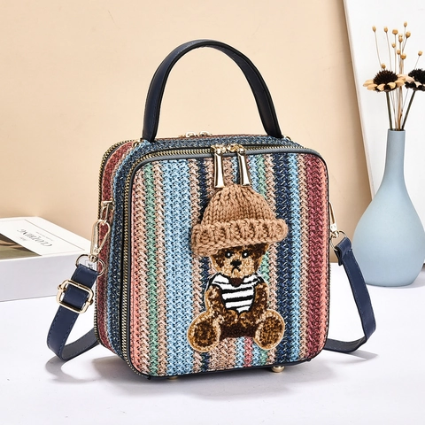 Women Crossbody Bag Woven PU Leather Handbag With 3D Teddy Bear Decoration Dual Zipper Cute Square Style