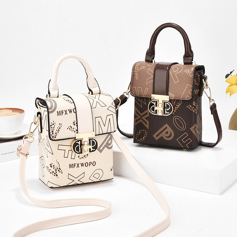 Mini Crossbody Telefoontas Voor Dames PU Leer Letterprint Retro Handtas Met Metalen Slot En Verstelbare Schouderriem