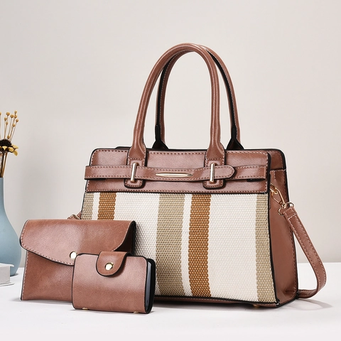 Women Tote Handbag Shoulder Bag And Clutch Wallet Striped PU Leather Patchwork Contrast Color Top Handle Crossbody