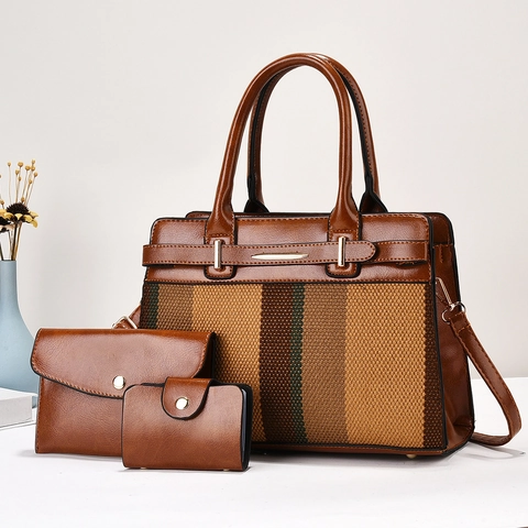 Women Tote Handbag Shoulder Bag And Clutch Wallet Striped PU Leather Patchwork Contrast Color Top Handle Crossbody