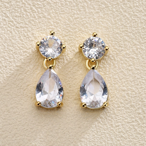 Koperen Waterdruppel Zirconia Oorknopjes Voor Vrouwen Dubbellaagse Glinsterende Hangende Oorbellen Bruiloft Feest Sieraden Cadeau