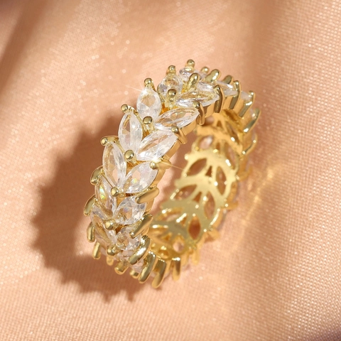 Anillo Eternity Zirconia Taglio Marquise Rame Placcato Oro Forma Di Foglia Gioielli Di Moda Per Donne