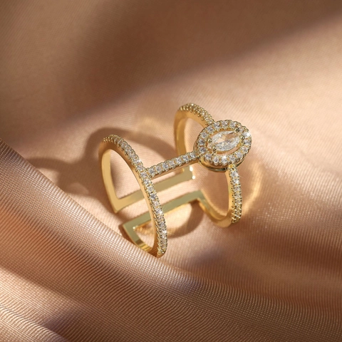 Copper Marquise Zircon Ring Geometric Multi Row Adjustable Open Jewelry For Women Fashion INS Style
