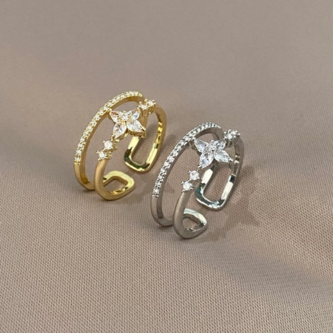 Boucle d'Oreille Étoile Double Couche en Strass Exquise pour Femme Cuivre Ajustable Bijoux de Mode Bague Élégante