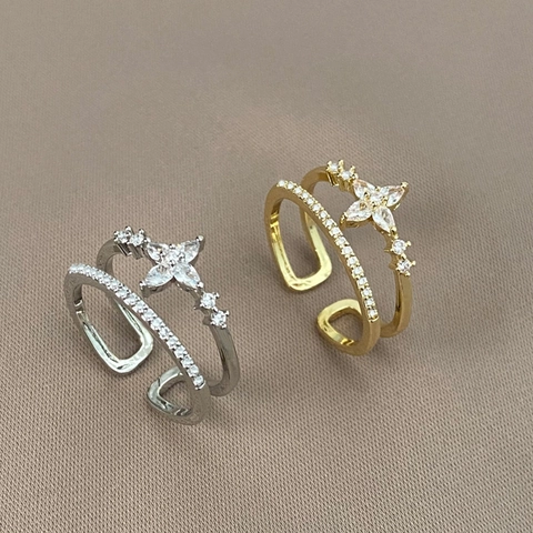 Boucle d'Oreille Étoile Double Couche en Strass Exquise pour Femme Cuivre Ajustable Bijoux de Mode Bague Élégante