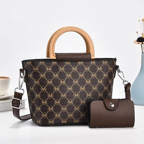 Women Handbag And Pouch PU Leather Vintage Monogram Checkered Print With Wooden Handle Shoulder Crossbody Bag