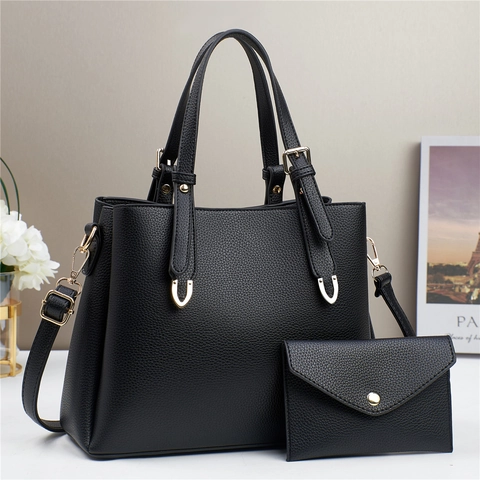 Lychee Pattern PU Leather Handbag And Envelope Pouch Large Capacity Tote Adjustable Shoulder Strap Women Daily Street Fashion