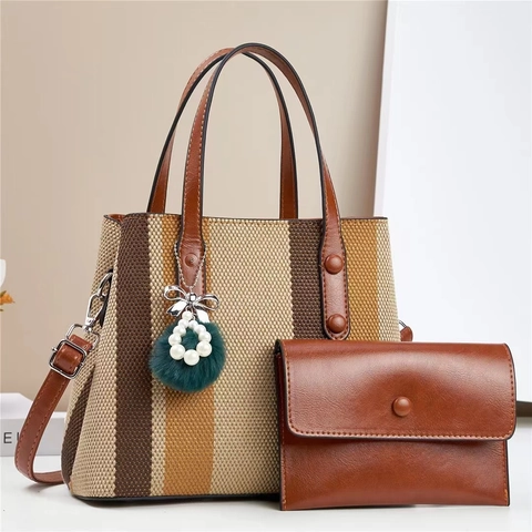 Borsa Tote A Righe E Pochette Colore A Contrasto Pelle PU Tela Grandi Borse Da Donna Con Ciondolo Pompon