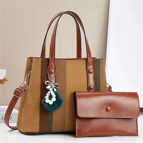 Borsa Tote A Righe E Pochette Colore A Contrasto Pelle PU Tela Grandi Borse Da Donna Con Ciondolo Pompon