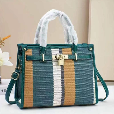 Borsa Tote A Righe Da Donna Tela Intrecciata Colore A Contrasto Pelle PU Borsa A Mano Con Lucchetto In Metallo Tracolla