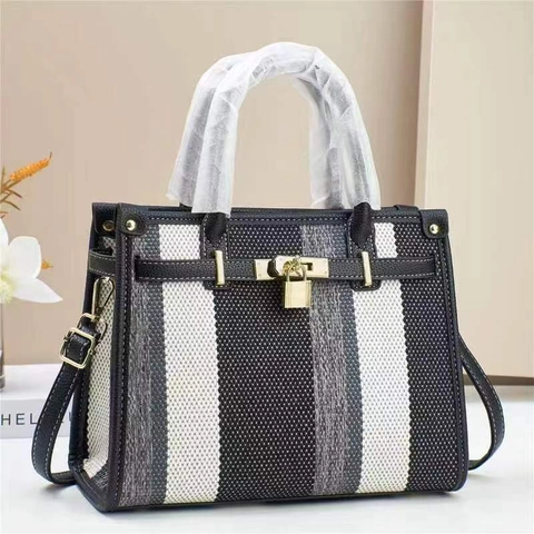 Borsa Tote A Righe Da Donna Tela Intrecciata Colore A Contrasto Pelle PU Borsa A Mano Con Lucchetto In Metallo Tracolla