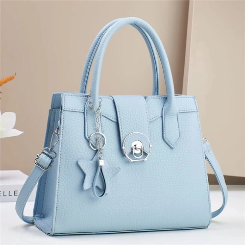 Women Litchi Texture PU Leather Handbag Elegant Tote Bag With Star Charm Adjustable Strap Solid Color Simple Style