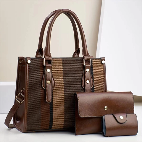 Women Striped Canvas And PU Leather Tote Bag With Clutch And Card Holder Large Capacity Casual Contrast Color Shoulder Handbag