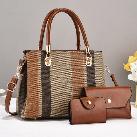 Borsa Tote Elegante A Righe Pochette A Busta E Porta Carte Pelle PU Grande Capacità Colore A Contrasto Moda Donna