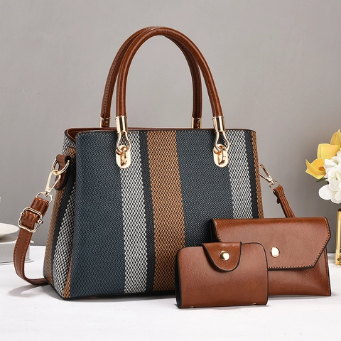 Borsa Tote Elegante A Righe Pochette A Busta E Porta Carte Pelle PU Grande Capacità Colore A Contrasto Moda Donna
