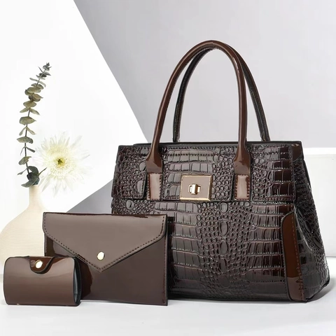 Crocodile Pattern PU Leather Handbag Tote With Envelope Clutch And Card Holder Large Capacity Simple Elegant Women Bag