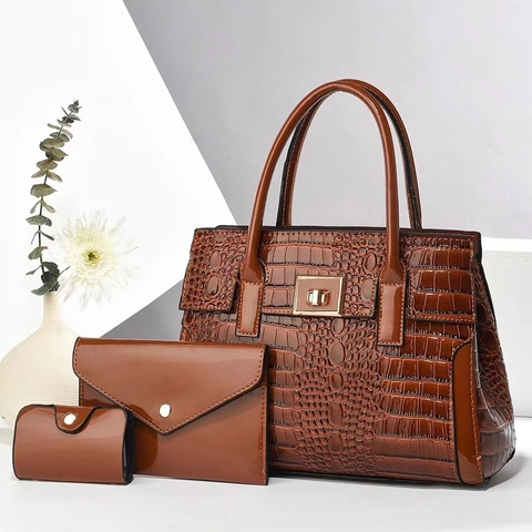 Crocodile Pattern PU Leather Handbag Tote With Envelope Clutch And Card Holder Large Capacity Simple Elegant Women Bag