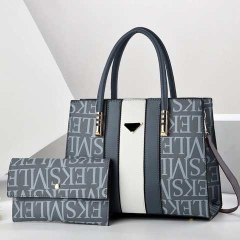 Handbag And Wallet Women Tote PU Leather Letter Print Contrast Color Stripe Triangle Decor Top Handle Crossbody Bag