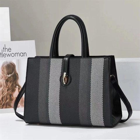 Striped PU Leather Handbag For Women Large Capacity Tote With Metal Lock And Detachable Shoulder Strap For Daily Use