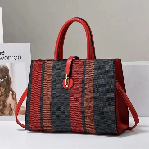 Striped PU Leather Handbag For Women Large Capacity Tote With Metal Lock And Detachable Shoulder Strap For Daily Use