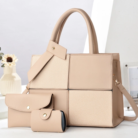 Women Tote Handbag With Clutch And Card Holder Vintage PU Leather Woven Patchwork Elegant Office Shoulder Bag