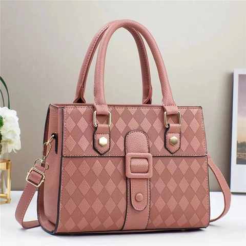 Women Elegant Quilted PU Leather Handbag Rhombus Pattern Dual Handle Shoulder Crossbody Bag Retro Fashion Satchel
