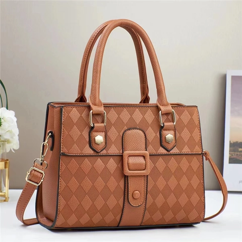 Women Elegant Quilted PU Leather Handbag Rhombus Pattern Dual Handle Shoulder Crossbody Bag Retro Fashion Satchel