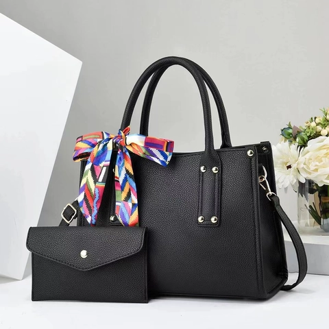 Sac À Main Femme En Cuir PU Grand Fourre-Tout Motif Lychee Sac À Bandoulière Bureau Avec Foulard Et Pochette