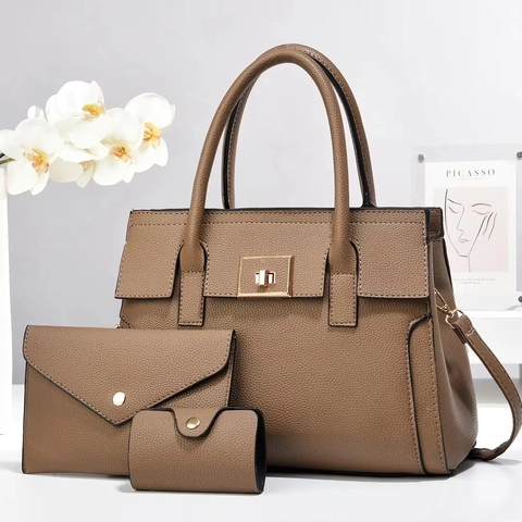 Litchi-Muster PU-Leder Handtasche Umhängetasche Clutch Und Kartenhalter Für Damen Schicke Große Kapazität Mit Goldener Hardware