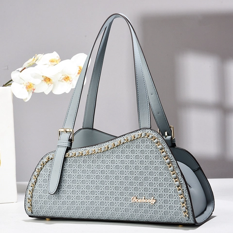 Bolso De Mano Elegante De Mujer Cuero PU Textura Tejida Grabada Decoración Cadena De Oro Gran Capacidad Bolso De Hombro