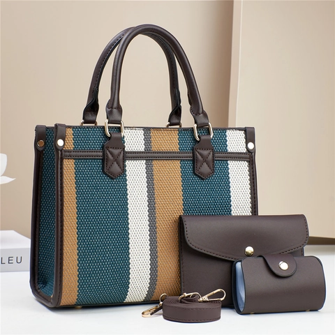 Borse Donna Tote E Borsa Tracolla E Porta Carte Pelle PU Strisce Tessitura Tela Grande Capacità Casual Signore