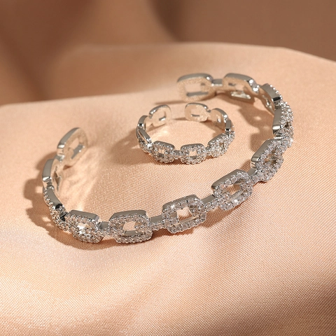 Gioielli Lusso Zircone Maglia Geometrica Rame Placcato Strass Pavé Bracciale E Anello Regolabile Aperto