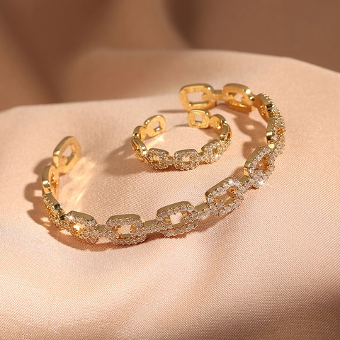 Gioielli Lusso Zircone Maglia Geometrica Rame Placcato Strass Pavé Bracciale E Anello Regolabile Aperto