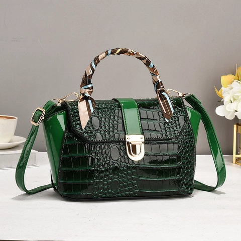 Borsa A Mano Da Donna Pelle PU Motivo Coccodrillo Manico Foulard Raso Lucida Borsa A Tracolla Elegante