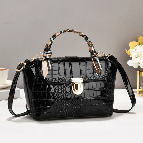 Borsa A Mano Da Donna Pelle PU Motivo Coccodrillo Manico Foulard Raso Lucida Borsa A Tracolla Elegante