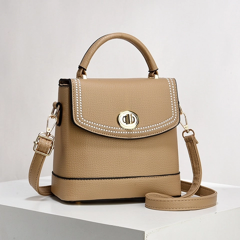 Women Fashion PU Leather Shoulder Bag Litchi Grain Crossbody Handbag Contrast Stitching Turn Lock Daily