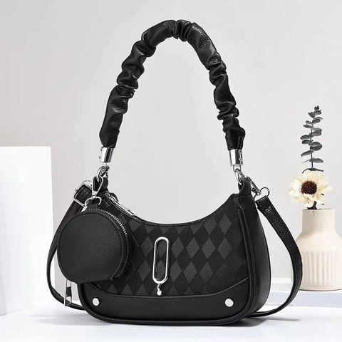 Women Quilted Hobo Bag PU Leather Ruched Handle Shoulder Crossbody Handbag With Detachable Round Coin Purse