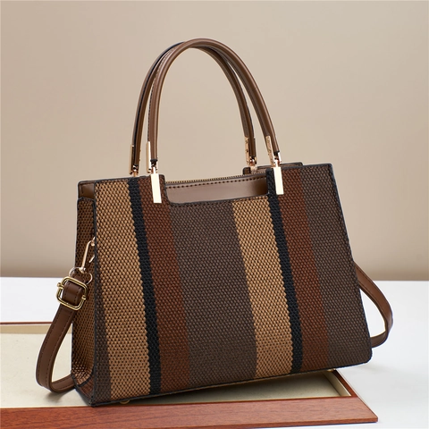 Borsa Tote da Donna a Righe Verticali Intrecciata Grande Capacità Finiture in Pelle PU Borsa a Spalla Tracolla Regolabile