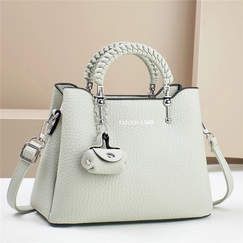 Women Litchi Grain PU Leather Handbag Woven Handle Crossbody Shoulder Bag With Mini Charm